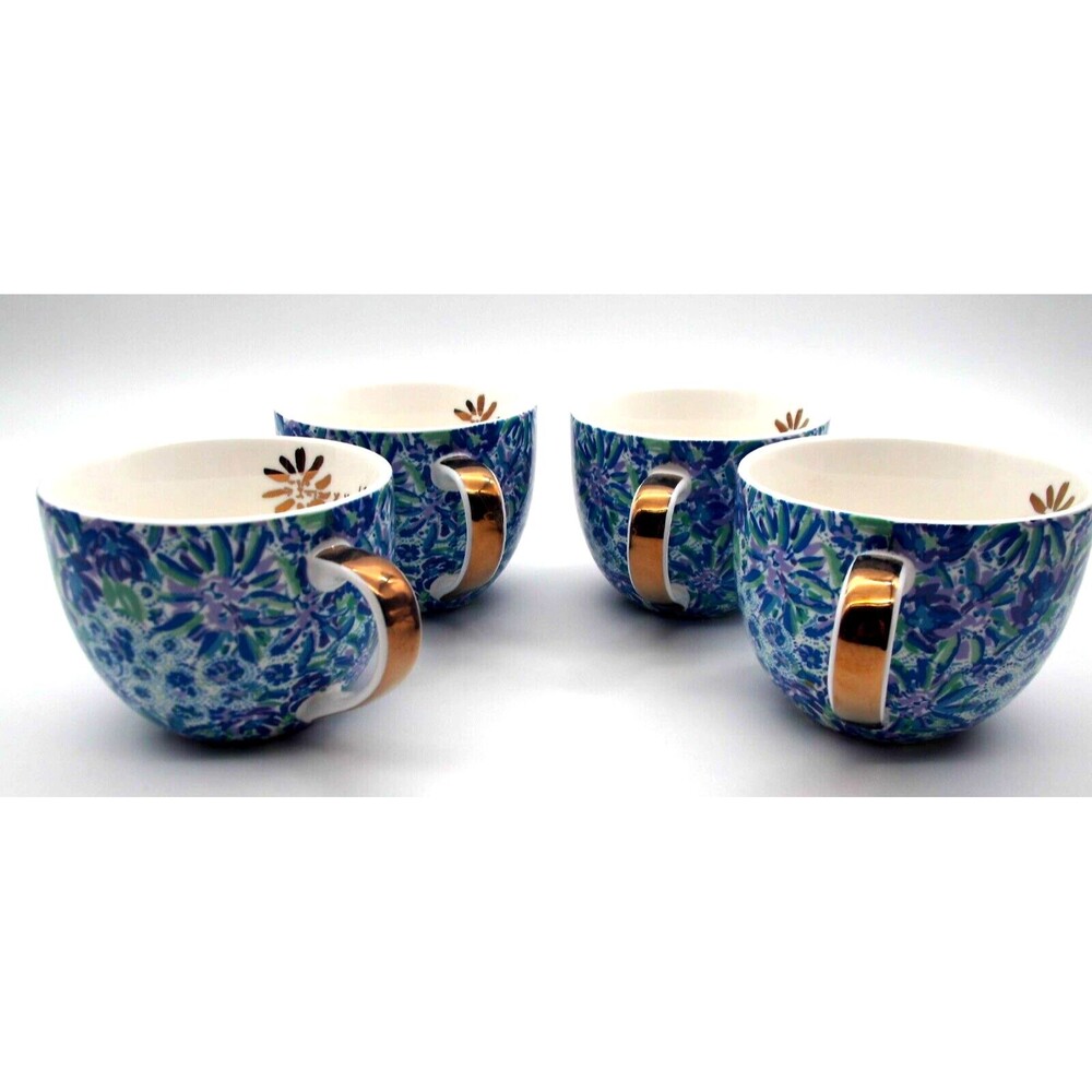 SET of 4 Lilly Pulitzer LOGO Blue Floral Gold Trim Coffee Tea CupMug 4", 12 oz